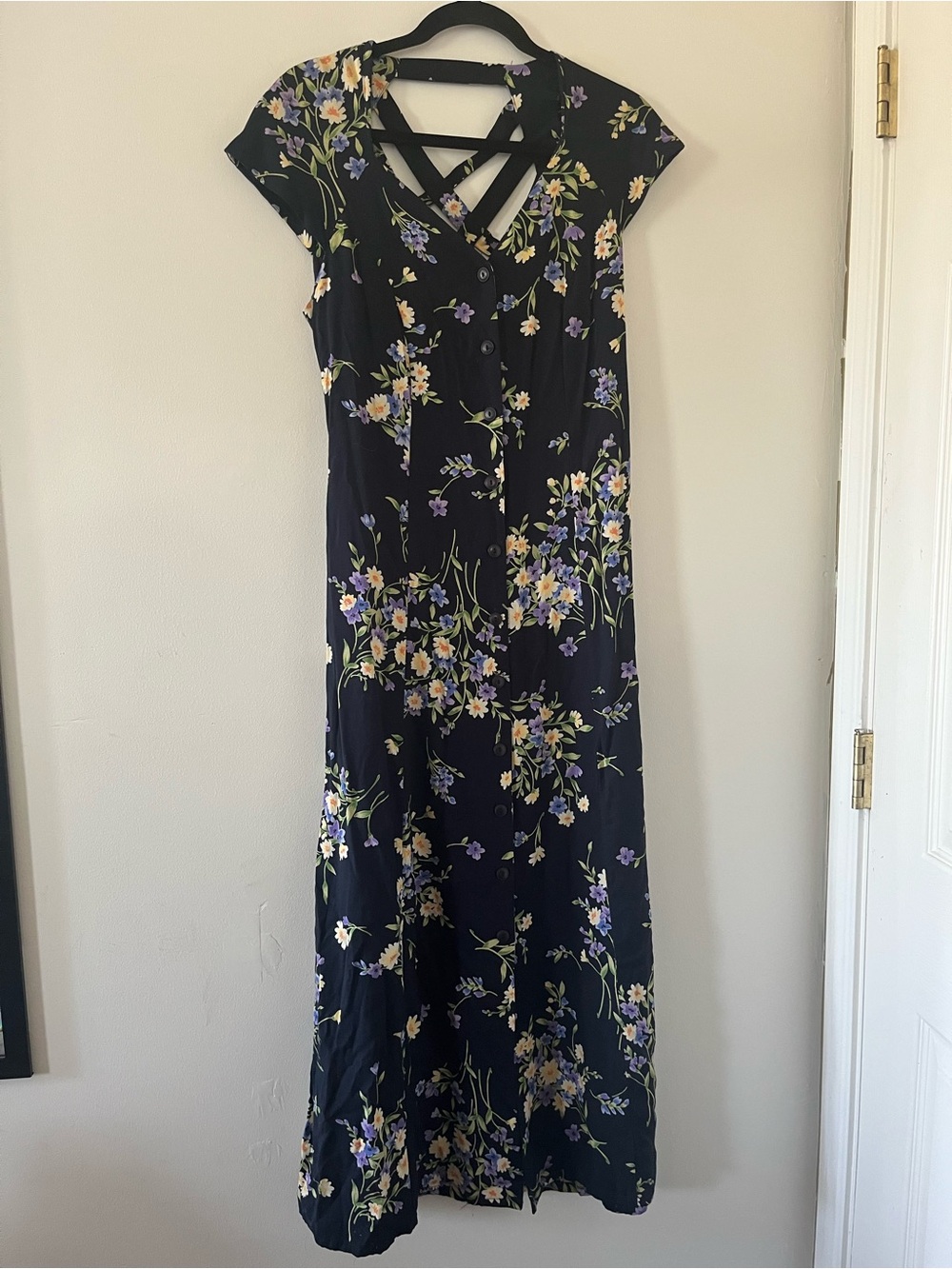 Navy Floral Maxi Dress 10 Strappy Neckline Button Front Romantic Dress Summer